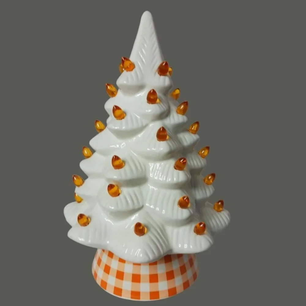 White Ceramic Christmas Tree With Orange Lights & Checkered Base - 